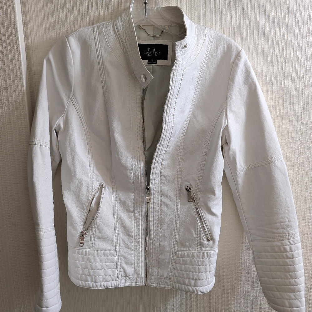 LA Coalition White Faux Leather Moto Jacket Size S